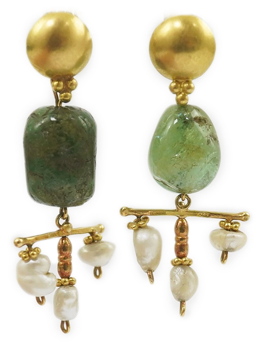 A pair of modern Italian 850 standard gold, jade and pearl set drop earrings, retailed by Massimo Maria Melis, Rome